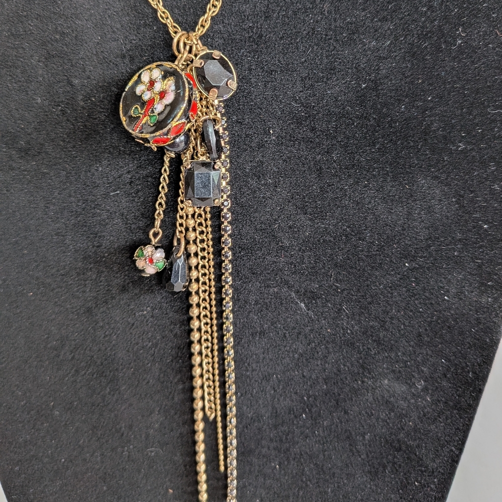 Cluster Fringe Floral Cloisonne Charm Tassel Pendant & Necklace